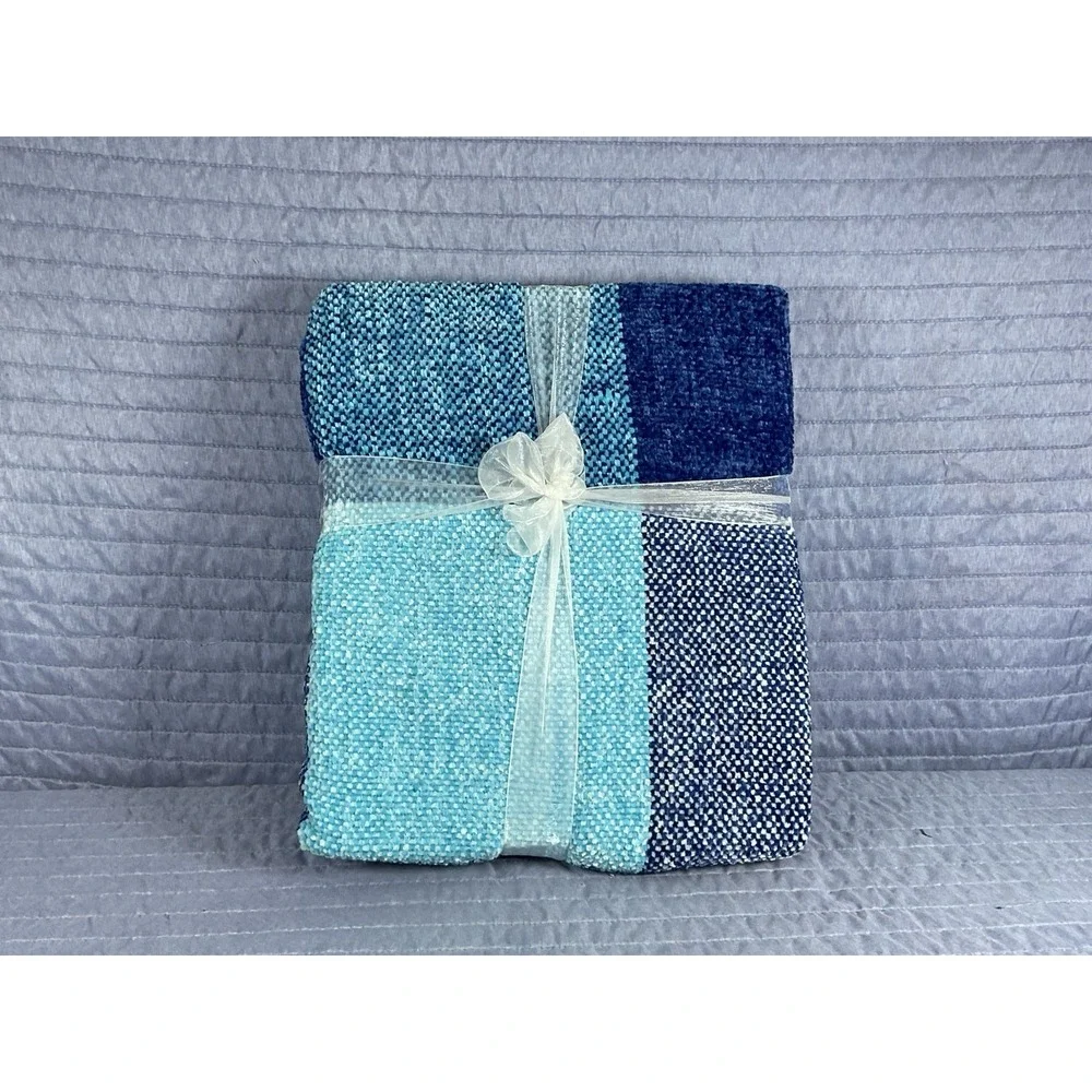Blue Striped Woven Throw Blanket Aqua Navy White Decorative Sofa Couch Throw